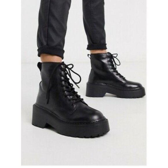 NEW TOPSHOP Womens Oslo Chunky Lace Up Platform Black Leather